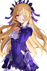 Rule 34 | 1girl, absurdres, bare shoulders, blonde hair, breasts, crown, detached sleeves, eyepatch, fischl (genshin impact), frills, genshin impact, grin, hand on own hip, highres, long hair, looking at viewer, red eyes, simple background, small breasts, smile, solo, uuroncha, white background