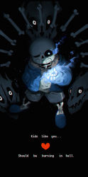 Rule 34 | 1boy, ;d, black background, blue fire, bone, english text, fire, flaming eye, flaming hand, fur trim, gasterblaster, glowing, glowing eye, hand in pocket, heart, hood, hoodie, long sleeves, looking at viewer, magic, male focus, nimoke, one eye closed, open mouth, sans (undertale), shorts, simple background, skeleton, skull, slippers, smile, solo, source quote, spoilers, teeth, twohairs, undertale