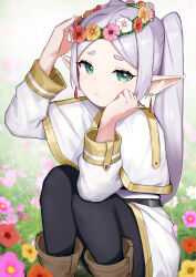 Rule 34 | 1girl, absurdres, aori (binnoaori), black pantyhose, boots, brown footwear, capelet, closed mouth, commentary request, dress, earrings, elf, flower, flower wreath, frieren, green eyes, head wreath, highres, jewelry, long sleeves, looking at viewer, pantyhose, partial commentary, pointy ears, solo, sousou no frieren, squatting, thick eyebrows, twintails, white capelet, white dress, white hair