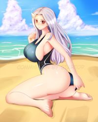 Rule 34 | 1girl, absurdres, ass, beach, blush, boku no hero academia, breasts, eri (boku no hero academia), feet, highres, horn, large breasts, long hair, looking at viewer, aged up, one-piece swimsuit, red eyes, sitting, sky, startop, swimsuit, thighs, water, white hair