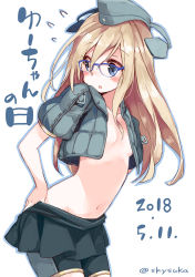 Rule 34 | 1girl, 2018, bespectacled, bike shorts, blonde hair, blue-framed eyewear, blush, breasts, cropped jacket, dated, dressing, flying sweatdrops, garrison cap, glasses, grey eyes, groin, hair between eyes, hat, kantai collection, long hair, navel, no bra, sketch, small breasts, solo, suka, twitter username, u-511 (kancolle), underboob, white background