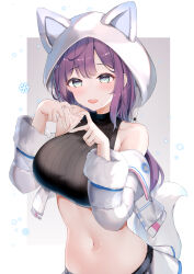 Rule 34 | 1girl, absurdres, aeri (closers), alternate costume, animal ears, armpit crease, bare shoulders, black shirt, breasts, closers, commentary, crop top, cropped jacket, fake animal ears, fake tail, fur trim, green eyes, hands up, heart, heart-shaped pupils, heart hands, highres, jacket, large breasts, long hair, long sleeves, looking at viewer, midriff, miniskirt, mole, mole under mouth, navel, off shoulder, open clothes, open jacket, open mouth, purple hair, ribbed shirt, shirt, sidelocks, skirt, sleeveless, sleeveless shirt, smile, snowflakes, solo, stomach, symbol-only commentary, symbol-shaped pupils, tail, tail raised, upper body, usagi poi, white hood, white jacket, white skirt