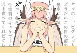 Rule 34 | 1girl, ^ ^, arm support, text background, bare arms, bare shoulders, blush, brown wings, circe (fate), closed eyes, clothes writing, collarbone, commentary request, facing viewer, fate/grand order, fate (series), feathered wings, grin, head in hand, head rest, head wings, headpiece, highres, long hair, mitchi, pink hair, pointy ears, shirt, simple background, sleeveless, sleeveless shirt, smile, solo, translation request, white background, white shirt, white wings, wings