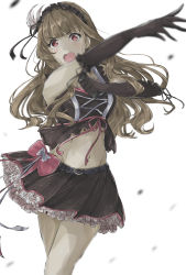 Rule 34 | 1girl, black gloves, black ribbon, bow, brown hair, brown skirt, crop top, duffy, elbow gloves, feather hair ornament, feathers, floating hair, gloves, groin, hair ornament, hair ribbon, headdress, highres, holding, holding microphone, idolmaster, idolmaster cinderella girls, kamiya nao, layered skirt, long hair, looking at viewer, microphone, midriff, miniskirt, music, navel, open mouth, outstretched arm, pink bow, pink ribbon, plaid, plaid skirt, red eyes, ribbon, simple background, singing, skirt, solo, standing, stomach, very long hair, white background, white feathers