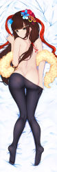 Rule 34 | 1girl, ass, bad id, bad pixiv id, bed sheet, black pantyhose, blue flower, brown hair, closed mouth, clothes pull, dakimakura (medium), dimples of venus, feet, flower, from behind, full body, grey eyes, hair flower, hair ornament, hand up, highres, hip focus, kneepits, light smile, long hair, looking at viewer, looking back, lying, no shoes, nooko, on stomach, original, pantyhose, pantyhose pull, shawl, sheet grab, solo, thighs, topless