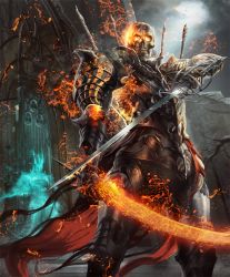Rule 34 | 10s, 1boy, armor, artist request, cape, castle, cygames, dual wielding, fire, flaming sword, flaming weapon, full armor, ghost, glowing, glowing eyes, holding, looking at viewer, mordecai the duelist, official art, ruins, shadowverse, shingeki no bahamut, skeleton, sword, torn cape, torn clothes, undead, weapon