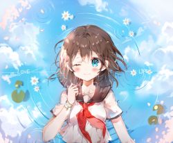 Rule 34 | 1girl, b rock, bad id, bad pixiv id, blue eyes, blush, breasts, brown hair, closed mouth, collarbone, lily pad, long hair, looking at viewer, lying, medium breasts, neckerchief, on back, one eye closed, original, red neckerchief, smile, solo, water