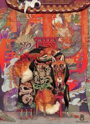 Rule 34 | absurdres, animal, animal focus, architecture, bead necklace, beads, black hakama, cat, chair, clothed animal, dragon, dragon print, east asian architecture, eastern dragon, flower knot, fox, hakama, highres, japanese clothes, jewelry, kiseru, lattice, looking at viewer, mouth hold, necklace, no humans, on chair, open mouth, original, round eyewear, seigaiha, smoking pipe, sunglasses, tassel, tonbippo08, twitter username, yellow-framed eyewear