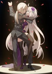 Rule 34 | 2girls, ahoge, artoria pendragon (all), artoria pendragon (fate), bad id, bad pixiv id, black legwear, breasts, club3, dancing, elbow gloves, eye contact, fate/grand order, fate (series), flower, formal, gloves, hair flower, hair ornament, high heels, highres, holding hands, jeanne d&#039;arc (fate), jeanne d&#039;arc (ruler) (fate), jeanne d&#039;arc alter (avenger) (fate), jeanne d&#039;arc alter (fate), leg between thighs, long hair, looking at another, medium breasts, multiple girls, pant suit, pants, petals, ponytail, rose petals, saber (fate), saber alter, suit, thighhighs, thighs, yellow eyes, yuri