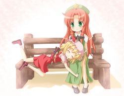 Rule 34 | 2girls, bad id, bad pixiv id, bench, blonde hair, blush, bow, braid, china dress, chinese clothes, clothes grab, dress, closed eyes, female focus, flandre scarlet, green eyes, hair ribbon, happy, hat, hong meiling, lap pillow, leg up, long hair, looking down, lying, mochi.f, multiple girls, on stomach, red hair, ribbon, shoes, short hair, side slit, sitting, smile, embodiment of scarlet devil, touhou, twin braids, wings