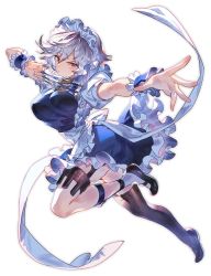 Rule 34 | 1girl, apron, between fingers, black footwear, blue dress, blush, breasts, commentary request, dress, frilled apron, frills, hair between eyes, highres, holding, holding knife, holding weapon, holster, izayoi sakuya, knife, knives between fingers, large breasts, looking at viewer, maid, maid apron, maid headdress, mary janes, outstretched arm, petticoat, puffy short sleeves, puffy sleeves, red eyes, shirt, shoes, short dress, short hair, short sleeves, silver hair, socks, solo, thigh holster, thighs, touhou, u u zan, v-shaped eyebrows, waist apron, weapon, white apron, white shirt, white socks, window, wrist cuffs