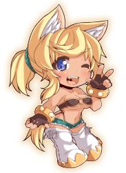 Rule 34 | 1girl, ;d, animal ears, belt bra, black gloves, blonde hair, blue eyes, boots, bracelet, breasts, chibi, cleavage, crazy developers, dark-skinned female, dark skin, denim, denim shorts, extra ears, facial mark, fangs, fingerless gloves, gloves, jewelry, large breasts, liru, long hair, midriff, navel, o-ring, o-ring top, one eye closed, open mouth, outline, ponytail, renkin san-kyuu magical pokaan, short shorts, shorts, simple background, smile, solo, suspenders, tail, thigh boots, thighhighs, whisker markings, white background, wolf ears, wolf tail