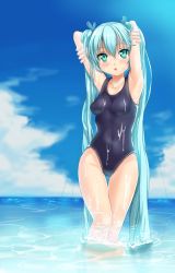 Rule 34 | 1girl, :o, aqua eyes, aqua hair, armpits, arms behind head, bad id, bad pixiv id, breasts, covered navel, green eyes, green hair, highres, long hair, matching hair/eyes, mx2j, one-piece swimsuit, original, solo, swimsuit, thigh gap, twintails, very long hair, wading, water, wet