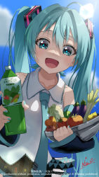 Rule 34 | 1girl, :d, absurdres, ahoge, black skirt, black sleeves, blue eyes, blue hair, blue nails, blue necktie, blue sky, bottle, bowl, carrot, cloud, collarbone, collared shirt, commentary request, day, detached sleeves, eggplant, english text, food, fruit, hair between eyes, hair intakes, hatsune miku, highres, holding, holding bottle, holding bowl, lemon, lettuce, long hair, long sleeves, looking at viewer, nail polish, necktie, open mouth, outdoors, pleated skirt, poppippoo (vocaloid), shirt, signature, skirt, sky, sleeveless, sleeveless shirt, sleeves past wrists, smile, solo, spring onion, tatyaoekaki, tomato, twintails, very long hair, vocaloid, watermark, white shirt, wide sleeves