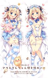 Rule 34 | 1girl, :d, apron, barefoot, bed sheet, black bow, blonde hair, blue bow, blue dress, blue eyes, blush, bow, bow panties, breasts, censored, cleavage, collar, commentary request, dakimakura (medium), detached collar, dress, eat me, flower, frilled apron, frills, hair between eyes, hair bow, heart, hugging object, long hair, looking at viewer, lying, maid headdress, medium breasts, multiple views, no shoes, on back, open mouth, original, pan (mimi), panties, panty pull, pocket watch, puffy short sleeves, puffy sleeves, sample watermark, short sleeves, single thighhigh, smile, striped clothes, striped thighhighs, stuffed animal, stuffed rabbit, stuffed toy, thighhighs, thighhighs pull, translation request, two side up, underwear, unworn thighhighs, watch, watermark, wavy mouth, white apron, white collar, white panties, wing collar, wrist bow, yellow flower