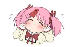 1girl :&lt; blush bow bowtie chibi closed_eyes cropped_torso flying_sweatdrops hair_ribbon hands_up happy_candy_ooo juliet_sleeves kaname_madoka long_sleeves mahou_shoujo_madoka_magica mahou_shoujo_madoka_magica_(anime) mitakihara_school_uniform pink_hair puffy_sleeves ribbon school_uniform solo tearing_up translation_request twintails