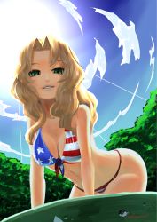 Rule 34 | 10s, 1girl, abazu-red, alternate eye color, american flag bikini, arm support, artist name, bikini, blonde hair, breasts, breasts apart, cleavage, cloud, cloudy sky, commentary request, cursive, day, flag print, forest, from below, front-tie bikini top, front-tie top, girls und panzer, green eyes, hair intakes, highres, kay (girls und panzer), leaning forward, light smile, long hair, looking at viewer, medium breasts, nature, outdoors, parted lips, signature, sky, solo, standing, sun, swimsuit, tree, twitter username, upper body