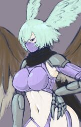 Rule 34 | 1girl, armor, breasts, curvy, digimon, digimon (creature), harpy, head wings, large breasts, looking at viewer, mask, monster girl, mouth mask, navel, revealing clothes, scarf, short hair, shutumon, thong, wings