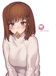 Rule 34 | 1girl, braid, breasts, brown hair, charlotte corday (fate), fate/grand order, fate (series), green eyes, highres, large breasts, long sleeves, looking at viewer, mitsurugi sugar, mouth hold, short hair, side braid, solo, sweater, white sweater