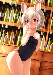 Rule 34 | 1girl, absurdres, animal ears, bare arms, blush, bottle, flat chest, glass bottle, hand on own chest, highres, indoors, leotard, mouse ears, mouse tail, nazrin, nontraditional playboy bunny, nose blush, one-piece swimsuit, playboy bunny, red eyes, rumaki, short hair, silver hair, smile, solo, standing, swimsuit, tail, touhou, v