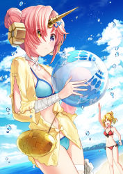 Rule 34 | 2girls, :&lt;, :d, bad id, bad pixiv id, ball, bandaged arm, bandages, bare arms, bare legs, bare shoulders, beach, beachball, bikini, blonde hair, blue bikini, blue eyes, blush, braid, breasts, cleavage, cloud, coconat summer, commentary request, day, double bun, fate/grand order, fate (series), frankenstein&#039;s monster (fate), frankenstein&#039;s monster (swimsuit saber) (fate), frankenstein&#039;s monster (swimsuit saber) (first ascension) (fate), green eyes, hair bun, hair ornament, hair over one eye, hair scrunchie, hairclip, highres, horns, looking at viewer, medium breasts, mordred (fate), mordred (fate) (all), mordred (fate/apocrypha), mordred (swimsuit rider) (fate), mordred (swimsuit rider) (first ascension) (fate), multiple girls, navel, open mouth, pink hair, ponytail, red bikini, red scrunchie, scrunchie, short hair, side-tie bikini bottom, single horn, small breasts, smile, swimsuit, swimsuit cover-up, water