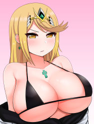 Rule 34 | 1girl, absurdres, bare shoulders, bikini, bikini top only, black bikini, blonde hair, blush, breasts, chest jewel, cleavage, closed mouth, collarbone, earrings, gem, hair ornament, headpiece, highres, huge breasts, jewelry, looking at viewer, micro bikini, mythra (xenoblade), nintendo, simple background, skindentation, swept bangs, swimsuit, the only shoe, tiara, xenoblade chronicles (series), xenoblade chronicles 2, yellow eyes