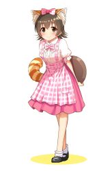Rule 34 | 1girl, absurdres, akagi miria, animal ear fluff, animal ears, apron, arms behind back, black hair, blush, bow, bowtie, breasts, brown eyes, closed mouth, commentary, dot nose, fake animal ears, fake tail, full body, go-1, hair bow, hair ribbon, highres, holding, holding tray, idolmaster, idolmaster cinderella girls, idolmaster cinderella girls starlight stage, looking at viewer, mary janes, pink apron, pink bow, pink bowtie, pink ribbon, pink skirt, plaid, plaid apron, puffy short sleeves, puffy sleeves, raccoon ears, raccoon tail, ribbon, shirt, shoes, short hair, short sleeves, simple background, skirt, small breasts, smile, socks, solo, standing, tail, tray, white background, white shirt, white socks