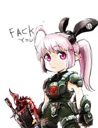 Rule 34 | 1girl, armor, chainsaw, english text, engrish text, female focus, gears of war, gun, lowres, pink eyes, pink hair, ranguage, solo, standing, transparent background, weapon