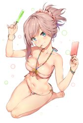 Rule 34 | 1girl, asymmetrical hair, bad id, bad pixiv id, bare shoulders, bikini, blue eyes, blush, bracelet, breasts, cleavage, collarbone, fate/grand order, fate (series), feet, food, hands up, head tilt, highres, jewelry, looking at viewer, looking to the side, medium breasts, miyamoto musashi (fate), mouth hold, navel, pink bikini, pink hair, ponytail, popsicle, popsicle stick, scrunchie, seiza, simple background, sitting, smile, solo, strapless, swimsuit, thighs, tube top, wariza, white background, yuran