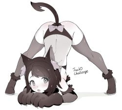 Rule 34 | 1girl, animal ear fluff, animal ears, animal hands, ass, bikini, blush, bob cut, boots, bow, brown hair, commentary, creatures (company), eyelashes, full body, game freak, gloria (pokemon), gloves, grey eyes, jack-o&#039; challenge, knees, legs apart, milky tea, nintendo, open mouth, paw gloves, pokemon, pokemon swsh, short hair, solo, swimsuit, symbol-only commentary, tail, thighhighs, tongue, top-down bottom-up