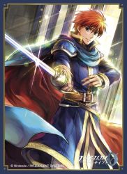 Rule 34 | 1boy, armor, belt, blue armor, blue eyes, cape, copyright name, dutch angle, eliwood (fire emblem), fire emblem, fire emblem: the blazing blade, fire emblem cipher, holding, holding sword, holding weapon, indoors, kita senri, lens flare, long sleeves, looking at viewer, male focus, nintendo, pauldrons, rapier, red hair, shiny weapon, short hair, shoulder armor, smile, solo, standing, sunlight, sword, tiara, wada sachiko, weapon, window