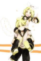 Rule 34 | 1boy, 1girl, bad id, bad pixiv id, belt, blonde hair, brother and sister, carrying, grin, hairband, iko (i-my-16), kagamine len, kagamine rin, piggyback, pointing, short hair, shorts, siblings, smile, twins, vocaloid