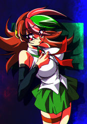 Rule 34 | 1990s (style), 1girl, betterman, breasts, brown hair, collared shirt, detached sleeves, green hair, green skirt, large breasts, looking to the side, multicolored hair, necktie, potiri02, red eyes, red hair, red necktie, retro artstyle, sai hinoki, shirt, skirt, sleeveless, sleeveless shirt, streaked hair, thigh strap, white shirt