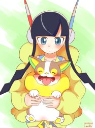 Rule 34 | 1girl, animal, black hair, blue eyes, blush, closed mouth, coat, collarbone, creatures (company), dog, elesa (pokemon), game freak, gen 8 pokemon, gradient background, gym leader, headphones, holding, holding animal, holding dog, landly, nintendo, pokemon, pokemon bw2, short hair with long locks, tail, tail wagging, upper body, yamper, yellow coat