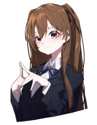 Rule 34 | 1girl, absurdres, beudelb, black jacket, black ribbon, blazer, blue bow, blue bowtie, bow, bowtie, braid, brown hair, closed mouth, collared shirt, commission, hair between eyes, hair ribbon, highres, jacket, long hair, looking at viewer, ogiso setsuna, pixiv commission, ribbon, school uniform, shirt, simple background, smile, solo, white album (series), white album 2, white background, yellow eyes
