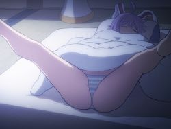 Rule 34 | 1girl, ahoge, animal ears, closed eyes, covered mouth, futon, indoors, legs up, long hair, panties, pillow, purple hair, rabbit ears, reisen udongein inaba, shirosato, sleeping, solo, striped clothes, striped panties, tatami, touhou, under covers, underwear