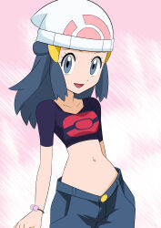 Rule 34 | 1girl, :d, absurdres, alternate costume, beanie, black hair, bracelet, collarbone, commentary request, creatures (company), cropped shirt, dawn (pokemon), eyelashes, game freak, grey eyes, hainchu, hair ornament, hairclip, hat, highres, jewelry, long hair, looking at viewer, midriff, nintendo, open mouth, pants, poke ball print, pokemon, pokemon (anime), pokemon dppt (anime), shirt, short sleeves, smile, solo, white hat