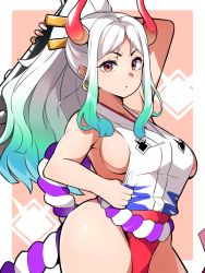 Rule 34 | 1girl, aqua hair, arm behind head, arm up, armpits, bare arms, bare shoulders, breasts, club, club (weapon), cowboy shot, curled horns, earrings, green hair, groin, hair ornament, hair stick, high ponytail, highres, holding, holding weapon, horns, japanese clothes, jewelry, kanabou, kimono, loincloth, long hair, looking at viewer, mituyota 76, multicolored hair, multicolored horns, no pants, one piece, oni, parted lips, red eyes, red horns, rope, shimenawa, sideboob, sidelocks, sleeveless, sleeveless kimono, solo, weapon, white hair, yamato (one piece), yellow horns