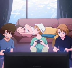 Rule 34 | 00s, 1girl, 3boys, artist request, bare arms, bare shoulders, blonde hair, blue eyes, brown eyes, brown hair, cloud, collared shirt, controller, couch, curtains, cushion, digimon, digimon adventure 02, closed eyes, game controller, grin, hat, holding, ishida yamato, looking at another, looking back, looking to the side, lying, multiple boys, neck, on side, parted lips, playing, shirt, short hair, short sleeves, sitting, sky, sleeping, smile, t-shirt, takaishi takeru, tank top, television, video game, window, yagami hikari, yagami taichi