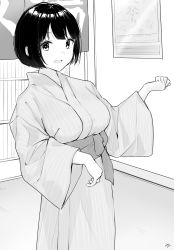Rule 34 | absurdres, bath yukata, blush, breasts, commentary request, greyscale, hand up, highres, indoors, japanese clothes, kimono, long sleeves, looking at viewer, medium breasts, monochrome, obi, open mouth, original, sash, short hair, signature, solo, striped clothes, striped kimono, takenoko no you, vertical-striped clothes, vertical-striped kimono, wide sleeves, yukata