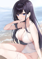 Rule 34 | 1girl, :o, bare arms, bare shoulders, beach, black hair, blue eyes, blush, breasts, cleavage, collarbone, commentary request, day, ear piercing, from side, hand up, highres, large breasts, long hair, looking at viewer, looking to the side, ocean, one-piece swimsuit, open mouth, original, oryo (oryo04), outdoors, piercing, sitting, solo, swimsuit, thigh strap, thighs, water, white one-piece swimsuit