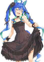 Rule 34 | 1girl, :d, ahoge, animal ears, bare arms, bare shoulders, black dress, black footwear, blue hair, closed eyes, collarbone, commentary request, dress, flower, frilled dress, frills, green hair, hair between eyes, hair flower, hair ornament, horse ears, horse girl, horse tail, miri (ago550421), multicolored hair, open mouth, sharp teeth, short eyebrows, simple background, skirt hold, sleeveless, sleeveless dress, smile, solo, tail, teeth, thick eyebrows, twin turbo (umamusume), two-tone hair, umamusume, white background, wrist cuffs