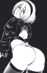 Rule 34 | 1girl, 2b (nier:automata), arms at sides, ass, back cutout, backless dress, backless outfit, black background, black dress, black hairband, black shirt, black thighhighs, clothing cutout, cowboy shot, crop top, curvy, dress, eyelashes, feather-trimmed sleeves, feather trim, finalcake, from behind, greyscale, hair between eyes, hairband, highleg, highleg leotard, highres, huge ass, juliet sleeves, legs apart, leotard, lips, long sleeves, looking at viewer, looking back, mole, mole under mouth, monochrome, nier:automata, nier (series), no pants, nose, parted lips, puffy sleeves, ribbed dress, ribbed shirt, shirt, short hair, simple background, skin tight, solo, standing, teeth, thighhighs, thighs, thong, thong leotard, turtleneck, vambraces, white hair, white leotard, wide hips