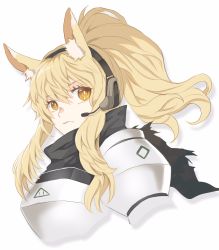 Rule 34 | 1girl, animal ear fluff, animal ears, arknights, armor, blonde hair, closed mouth, headphones, highres, horse ears, horse girl, long hair, nearl (arknights), pauldrons, ponytail, shoulder armor, solo, upper body, vhdtyzusixc7fai, white background, yellow eyes