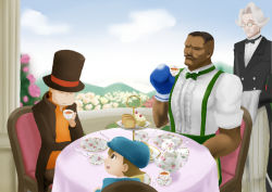Rule 34 | 4boys, bow, bowtie, boxing gloves, butler, capcom, child, crossover, cup, dark-skinned male, dark skin, dawn520, dudley, closed eyes, facial hair, flower, food, glasses, hat, hershel layton, level-5, luke triton, male focus, mountain, multiple boys, mustache, orto k. gotch, pastry, professor layton, short hair, sitting, street fighter, street fighter iii (series), table, tea, teacup, tiered tray, top hat, tuxedo