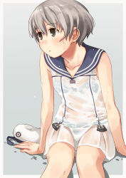 Rule 34 | 1girl, bad id, bad pixiv id, bare arms, bare shoulders, blue bra, blue panties, blue sailor collar, blush, bra, bra visible through clothes, breasts, collarbone, dress, grey background, hair between eyes, hat, kantai collection, legs together, looking to the side, makio (makiomeigenbot), panties, parted lips, polka dot, polka dot bra, polka dot panties, sailor collar, sailor dress, see-through, simple background, sitting, small breasts, solo, underwear, unworn hat, unworn headwear, wet, wet clothes, wet hair, white dress, white hat, z1 leberecht maass (kancolle)