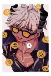 Rule 34 | 1boy, :p, blue eyes, blush, coin, dark-skinned male, dark skin, demon boy, demon horns, earrings, furrowed brow, gold coin, highres, horns, jacket, jewelry, jitome, leather, leather jacket, looking at viewer, mammon (obey me!), obey me!: one master to rule them all!, solo, stud earrings, tongue, tongue out, user vvcv3324, white hair
