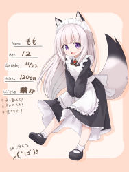Rule 34 | 1girl, :d, animal ears, apron, between legs, black dress, black footwear, blush, bobby socks, brooch, brown background, character profile, collared dress, commentary request, dress, fang, fox ears, fox girl, fox tail, frilled apron, frills, full body, grey hair, hand between legs, highres, jewelry, long hair, long sleeves, looking at viewer, maid, maid apron, maid headdress, mary janes, mogura2009, open mouth, original, puffy long sleeves, puffy sleeves, purple eyes, shoes, smile, socks, solo, tail, translated, two-tone background, very long hair, white socks