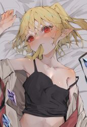 Rule 34 | 1girl, absurdres, bed sheet, black camisole, blonde hair, blush, breasts, camisole, cleavage, collarbone, crystal, flandre scarlet, hair between eyes, highres, looking at viewer, lying, mouth hold, no headwear, off shoulder, on back, pointy ears, red eyes, side ponytail, small breasts, solo, touhou, tsune (tune), wings