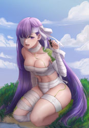 Rule 34 | 1boy, 1girl, absurdres, artist name, bandage over one eye, bandaged arm, bandaged leg, bandages, black hair, breasts, cleavage, cloud, cloudy sky, collarbone, commentary request, day, eyelashes, fate/grand order, fate (series), giant, giantess, highres, kingprotea (fate), kuroihassan, long hair, mini person, miniboy, moss, naked bandage, navel, open mouth, outdoors, purple eyes, purple hair, size difference, sky, thick thighs, thighs, very long hair